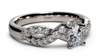 Elegant diamond engagement ring with intricate design, bright reflections, and soft background