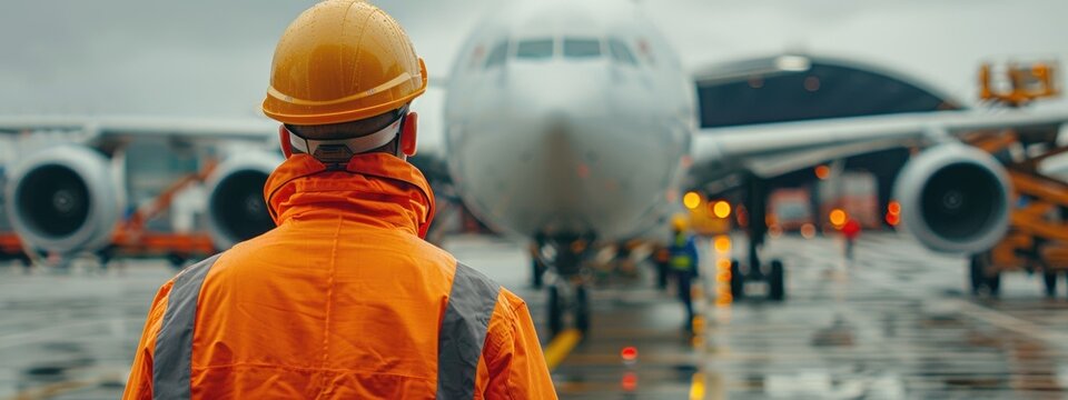 Man in a yellow hard hat stands in front of a large airplane