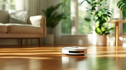 Automated Vacuum Cleaner Operating on a Wooden Floor in a Bright Living Room Space with Plants