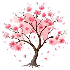 Cherry Blossom Tree in Watercolor Painting with Delicate Pink Flowers and Gentle Breeze Effect