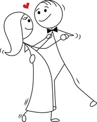Cute stick figure couple dancing together with love heart above. Minimal romantic illustration of man and woman in wedding dress and tuxedo.