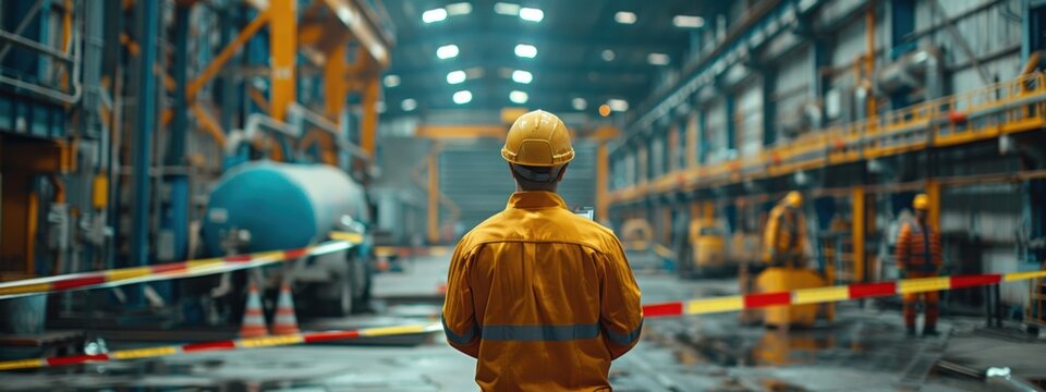Man in a yellow jacket is standing in a factory with a yellow