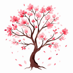 Cherry Blossom Tree in Watercolor Painting with Delicate Pink Flowers and Gentle Breeze Effect