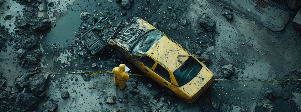 Yellow taxi cab is in a pile of rubble