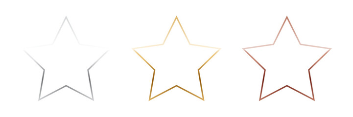 Gold, silver and bronze star frames. Metal thin photo or picture frames isolated on transparent background. 3d realistic empty template vector illustration set.