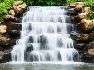 Obraz premium A serene waterfall cascades over rocks, surrounded by lush greenery, creating a peaceful and calming natural scene.