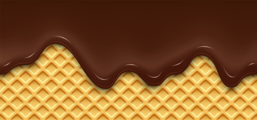 Waffle with chocolate melted background. Golden wafer with diagonal grid pattern, topped with glossy chocolate glaze dripping down. Crispy dessert backdrop. Realistic vector illustration.
