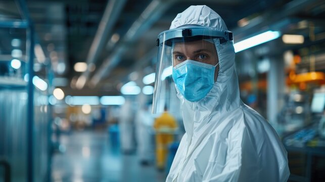 Man in a white lab coat and a mask stands in a room
