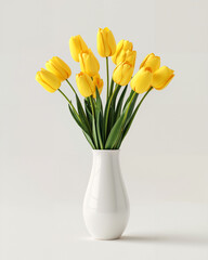 Bright yellow tulips arranged in a white vase on a soft background, perfect for brightening any space