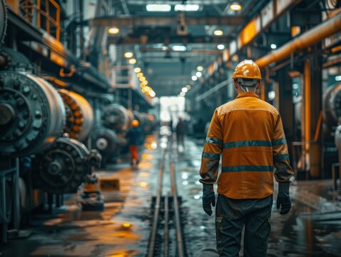 Man in a yellow vest walks through a factory