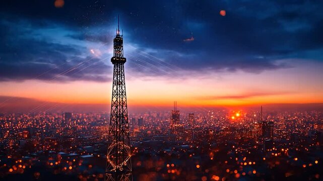 Futuristic city tower at vibrant sunset