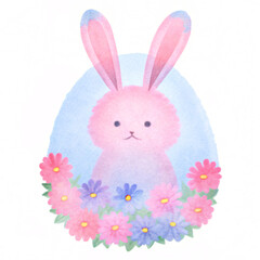 Obraz premium cute bunny surrounded by colorful flowers in whimsical setting. soft pastel colors create cheerful and serene atmosphere, perfect for springtime