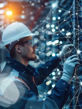 Man in a white hat and safety glasses is working on a computer screen