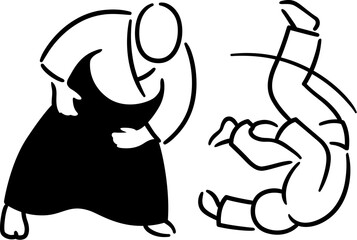Aikido throw and roll (ukemi) black and white minimal drawing. Simple doodle of Japanese martial art. Vector illustration.