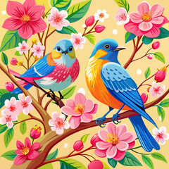Colorful Illustrated Birds with Vibrant Floral Background and Cheerful Songbirds in Spring Garden
