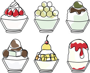 Minimalist one-line drawing of six bingsu shaved ice desserts with fruit, chocolate, and syrup toppings, modern and aesthetic vector arts. Korean desserts. 