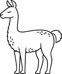 Guanaco (Lama guanicoe) wild South American llama. Black and white line art drawing. Cute cartoon vector illustration.