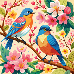 Colorful Illustrated Birds with Vibrant Floral Background and Cheerful Songbirds in Spring Garden