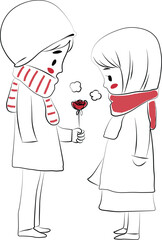 Hand-drawn cartoon of a boy giving a rose to a girl in winter clothes. Minimalist, romantic, and heartwarming moment.