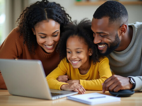 Happy Family Helping Daughter with Homework Using Laptop at Home
