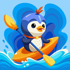 Cute Cartoon Penguin Kayaking in Yellow Kayak with Snorkel Gear and Orange Flippers