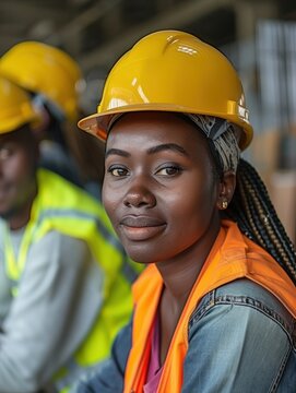 Woman wearing a yellow hard hat and orange vest is smiling