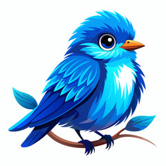 Cute Cartoon Blue Bird with Expressive Eyes and Fluffy Plumage on Branch
