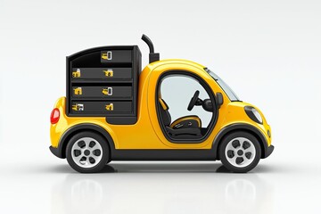 Fototapeta premium Yellow Cartoon Car in Freight Compartment of Cargo Van Minibus. 3d Rendering , isolated on white background, , copy space, copy space for text,