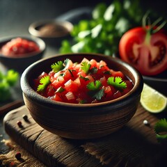 A rustic brown ceramic bowl filled with vibrant red salsa