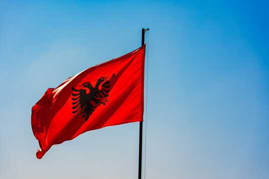 Albanian flag waving in the wind