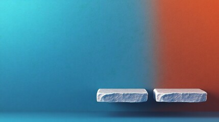 Floating stone shelves subtly illuminate vibrant teal orange backdrop. AI Generated