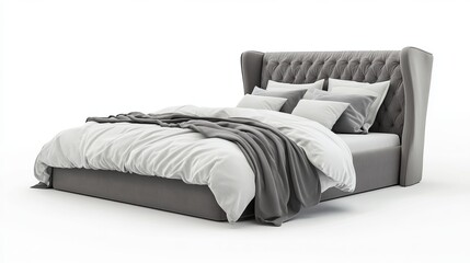 Obraz premium Cozy Gray Bed with Linens on Plain White Background 