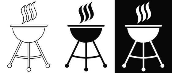 Grill icon.grill barbecue cook flame icon. BBQ with flame icon, Grill sign meat and food icon, Barbeque symbol. BBQ with lattice. Barbecue with cover and smoke. Black silhouette BBQ grill. 