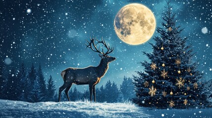 Naklejka premium Majestic deer standing in a snowy landscape under a full moon with a decorated Christmas tree nearby