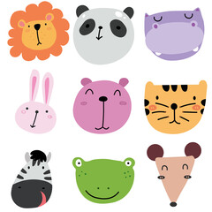 Cute and minimalist animal faces illustration, featuring lion, panda, hippo, rabbit, bear, tiger, zebra, frog, and mouse. Playful, colorful cartoon-style illustrations for kids and nursery decor.