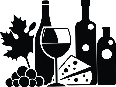 black wine bottles, glass, cheese, grapes clip art preview