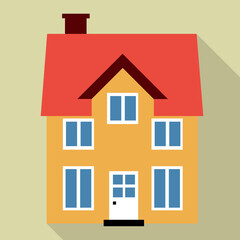 Modern flat design house illustration with red roof and yellow walls, simple real estate concept, family home icon, minimal vector style