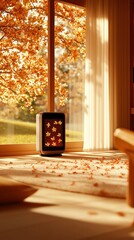 Cozy Living Space with Warm Sunlight and Autumn Leaves Gently Falling by the Window