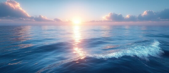 Obraz premium Serene ocean sunset with gentle waves and soft clouds.