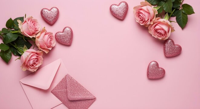 Rosas rosadas y corazones rosados ​​brillantes con sobres rosados ​​sobre un fondo rosa