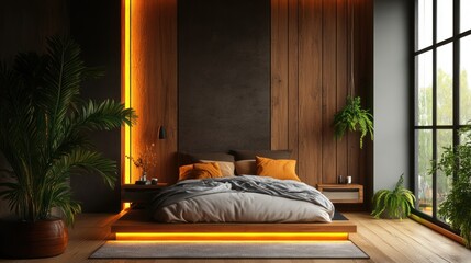 Modern Bedroom with Ambient Lighting and Natural Plants Interior Design