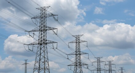 High Voltage Power Transmission Lines Against a Blue Sky with White Clouds Showcasing the Energy Infrastructure in Rural Landscape