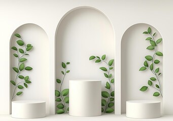 beige, cream 3D background with realistic cylinder pedestal podium, arch gate and green leaf