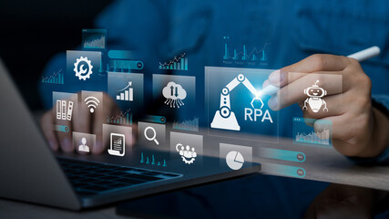 RPA Robotic process automation innovation technology concept. .Businessman working on laptop using automate software system business for business and industrial workflow optimization.