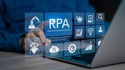 RPA Robotic process automation innovation technology concept. .Businessman working on laptop using automate software system business for business and industrial workflow optimization.