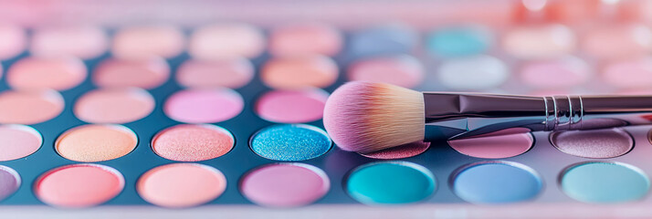 Palette of pastel shades, beauty concept, with applicator for creating visage, for print or web cosmetics shop
