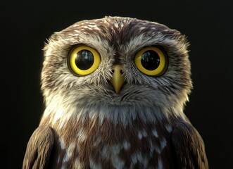 Obraz premium ultra-photorealistic portrait of an owl, front view, yellow eyes, black background, high resolution, high detail, high quality, high sharpness, 