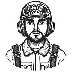 Fototapeta premium Vector illustration of an aviator portrait. Vintage engraving style. Great for historical, aviation, or retro themed designs. Black and white image.