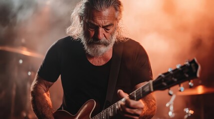 A charismatic musician passionately performs with his guitar in a vibrant concert setting, capturing the emotional connection between artist and audience amidst atmospheric lighting.