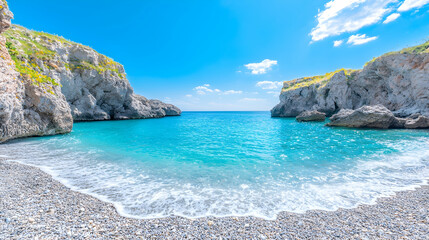 Fototapeta premium Secluded cove, turquoise water, pebble beach, sunny day, travel brochure